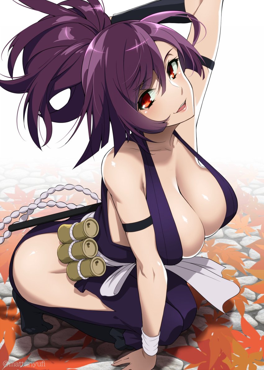 1girls big_breasts cleavage fully_clothed japanese_clothes jigokuraku kimono kunoichi light-skinned_female looking_at_viewer mattari_yufi ninja purple_hair red_eyes shinobi sitting yuzuriha_(jigokuraku)