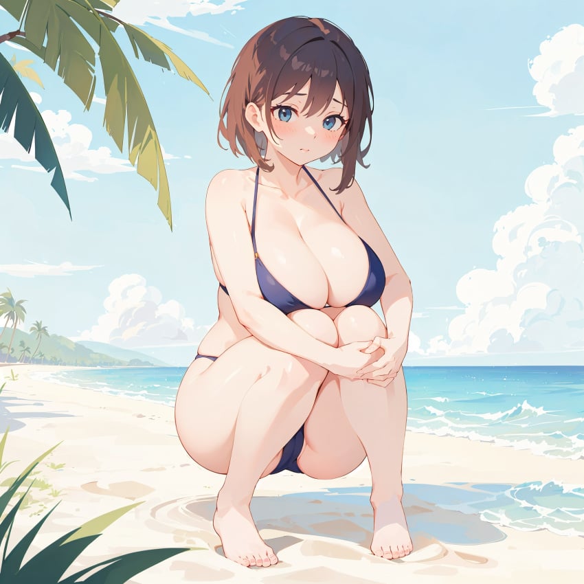 1girls ai_generated bangs bare_shoulders barefoot beach bikini blue_bikini blue_eyes blue_sky blush blush blushed breasts breasts brown_hair cameltoe cleavage clouds collarbone crotch day daytime female female female_only girl hands_around_legs hands_on_knees horizon huge_boobs huge_breasts island leaf legs_spread looking_at_viewer mountain mountainous_horizon mountains ocean open_legs outdoors palm_leaf palm_tree plant sand shore shy shy_girl sitting sky solo solo_female squatting sunlight swimsuit thick thick_ass thick_thighs thighs trees water waves wide_hips