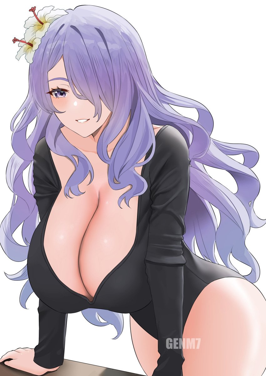 1girls bare_thighs breasts camilla_(fire_emblem) casual_clothes cleavage female female_only fire_emblem fire_emblem_fates genm7 glasses hair_over_one_eye highres huge_breasts leotard light-skinned_female light_skin long_hair long_sleeve_leotard nintendo purple_eyes purple_hair solo thick_thighs thighs voluptuous wide_hips