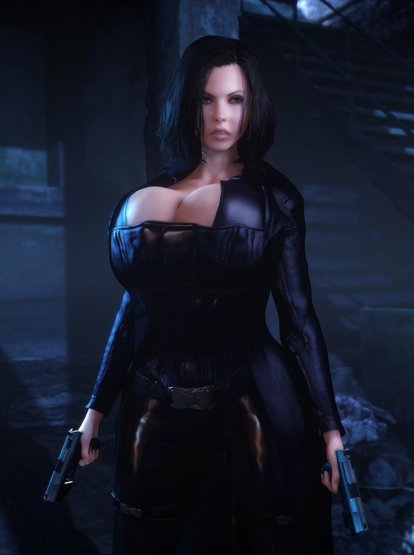 1girls 3d 3d_(artwork) alternate_ass_size alternate_breast_size belt black_bodysuit black_hair bodysuit boob_window breasts_bigger_than_head cleavage clothed clothed_female corset dual_wielding female female_only gigantic_breasts gun holding_gun holding_object holding_weapon hourglass_figure huge_ass huge_breasts kate_beckinsale pistol selene_(underworld) small_waist solo solo_female thin_waist top_heavy underworld vaako vampire vampire_girl wasp_waist weapon weapons wide_hips