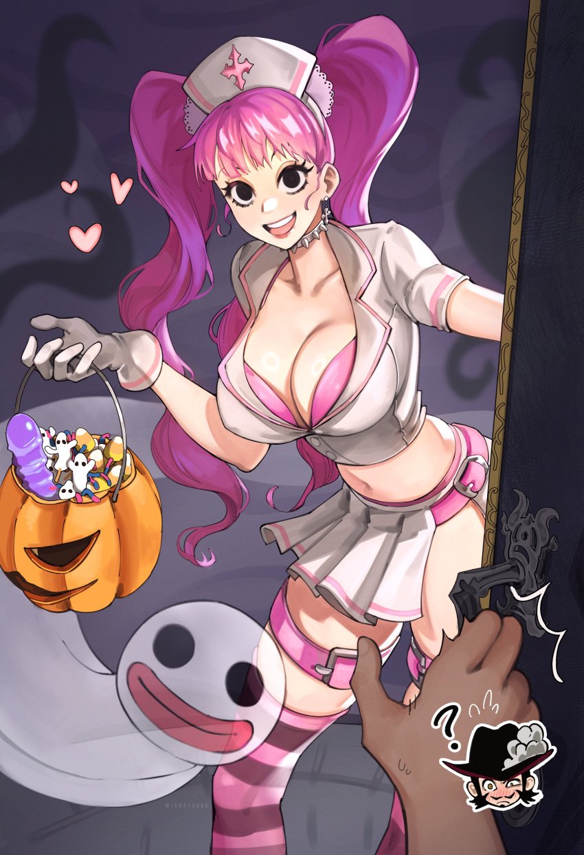 1boy 1girls big_breasts breasts bursting_breasts candy cleavage dildo dracule_mihawk female female_focus ghost gloves goth_girl halloween halloween_costume horo_horo_no_mi jerrydurd lolita_fashion looking_at_viewer male midriff nurse nurse_cap one_piece perona pink_hair pov pumpkin skimpy skimpy_clothes solo thick_thighs thighhighs trick_or_treat twintails