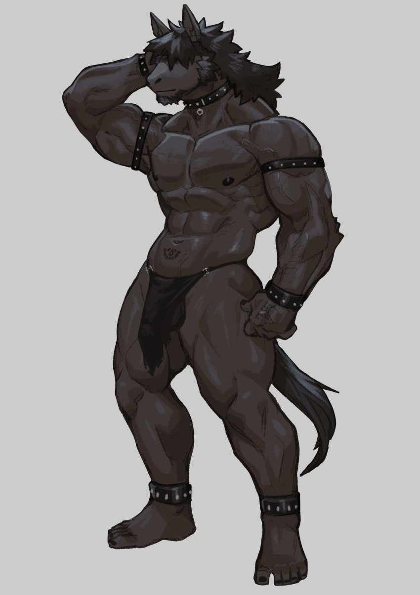 2023 abs anthro beefy biped bottomwear clothing collar curtis_wuedti daddy digital_drawing_(artwork) digital_media_(artwork) equid equine fur hair hi_res horse loincloth male male_only mammal manly muscular muscular_anthro muscular_legs muscular_male navel nipples simple_background solo standing tail tough_guy