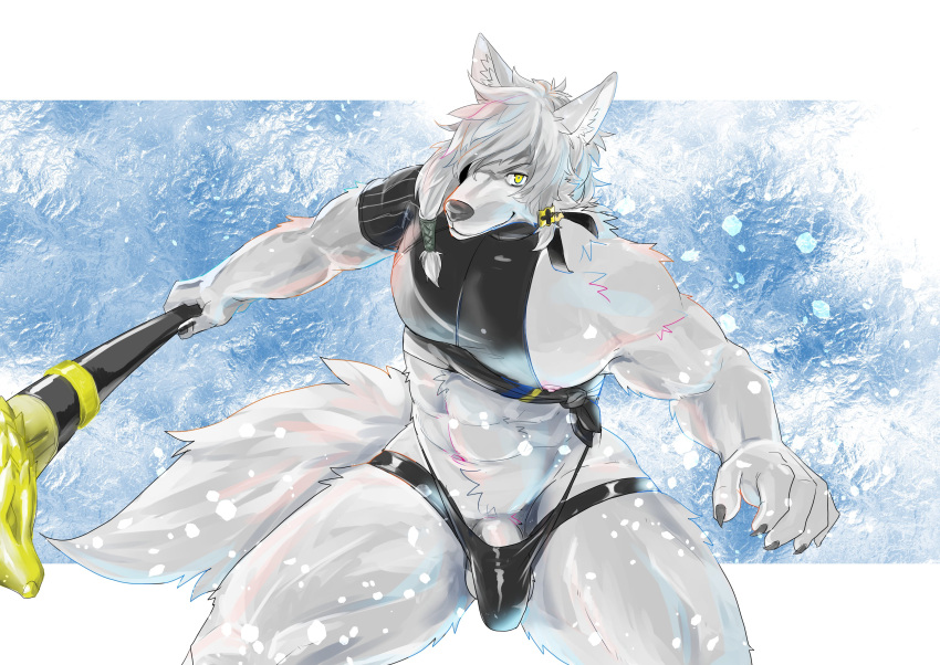 abs absurd_res another_eidos_of_dragon_vein_r anthro biceps canid canine canis clothed clothing fur genitals grey_body grey_fur hi_res male mammal muscular muscular_anthro muscular_male navel pecs penis penis_base rotton99 skimpy snow solo staff straining_underwear theodor_(anothereidos_r) thong underwear wolf