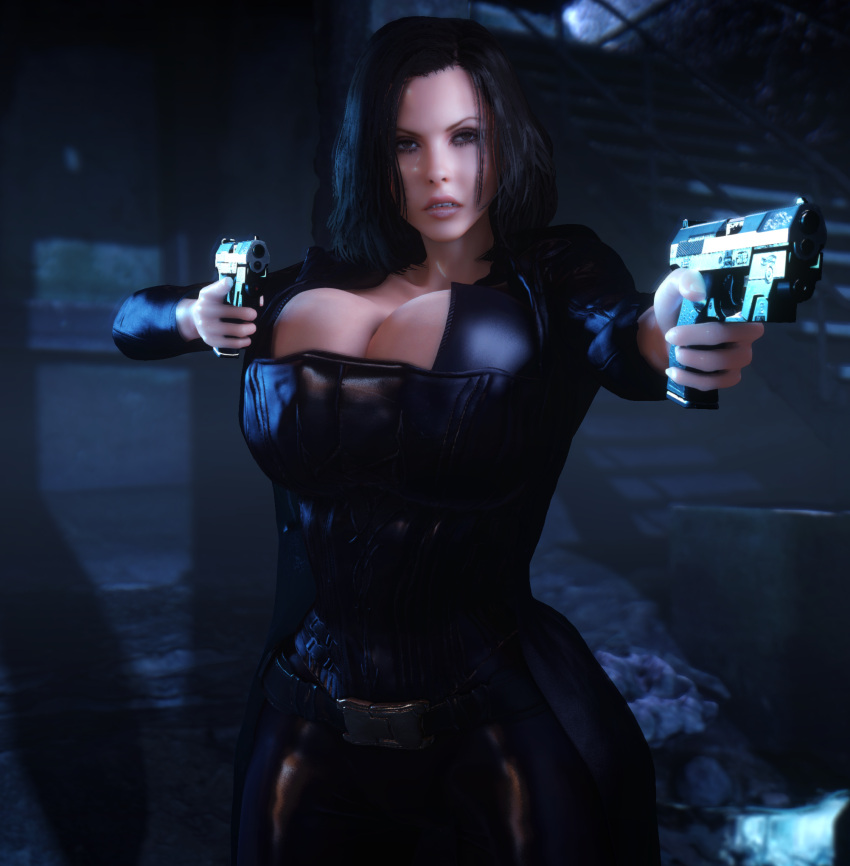 1girls 3d 3d_(artwork) alternate_ass_size alternate_breast_size belt black_bodysuit black_hair bodysuit boob_window breasts_bigger_than_head cleavage clothed clothed_female corset dual_wielding female female_only female_solo gigantic_breasts gun guns holding_gun holding_object holding_weapon hourglass_figure huge_ass huge_breasts kate_beckinsale pistol selene_(underworld) small_waist solo solo_female thin_waist top_heavy underworld vaako vampire vampire_girl wasp_waist weapon weapons wide_hips