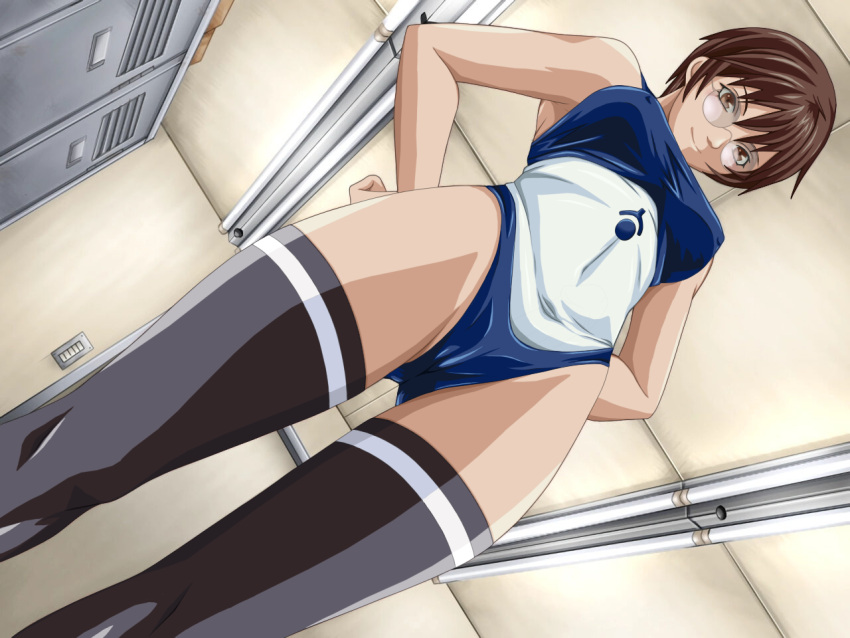 bible_black breasts brown_eyes brown_hair dutch_angle female game_cg large_breasts lens locker locker_room looking_down nonogusa_miyuki short_hair smile spectacles swimsuit third-party_edit