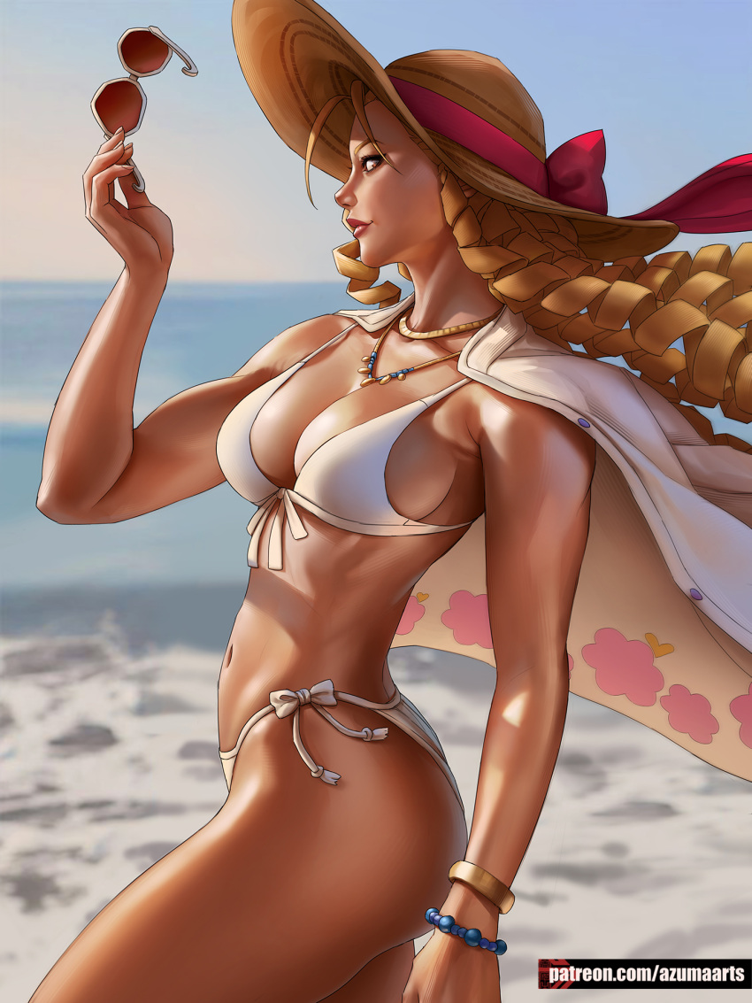 1girls ass azuma_yasuo azumaarts beach big_ass big_breasts bikini blonde_hair breasts capcom female female_only feminine fully_clothed karin_kanzuki light-skinned_female light_skin nail_polish side-tie_bikini solo street_fighter street_fighter_v sun_hat sunglasses sunglasses_removed swimsuit