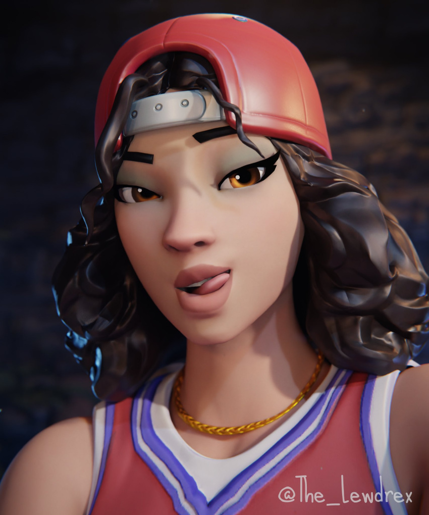 1boy 1girls 3d alternate_version_available blender brown_hair brunette cap close-up clothed clothing curly_hair detailed_background epic_games face_closeup face_focus female_focus fortnite fortnite:_battle_royale highres lewdrex light-skinned_female light_skin looking_at_viewer male male/female necklace smile smiling solo solo_focus tank_top triple_threat watermark