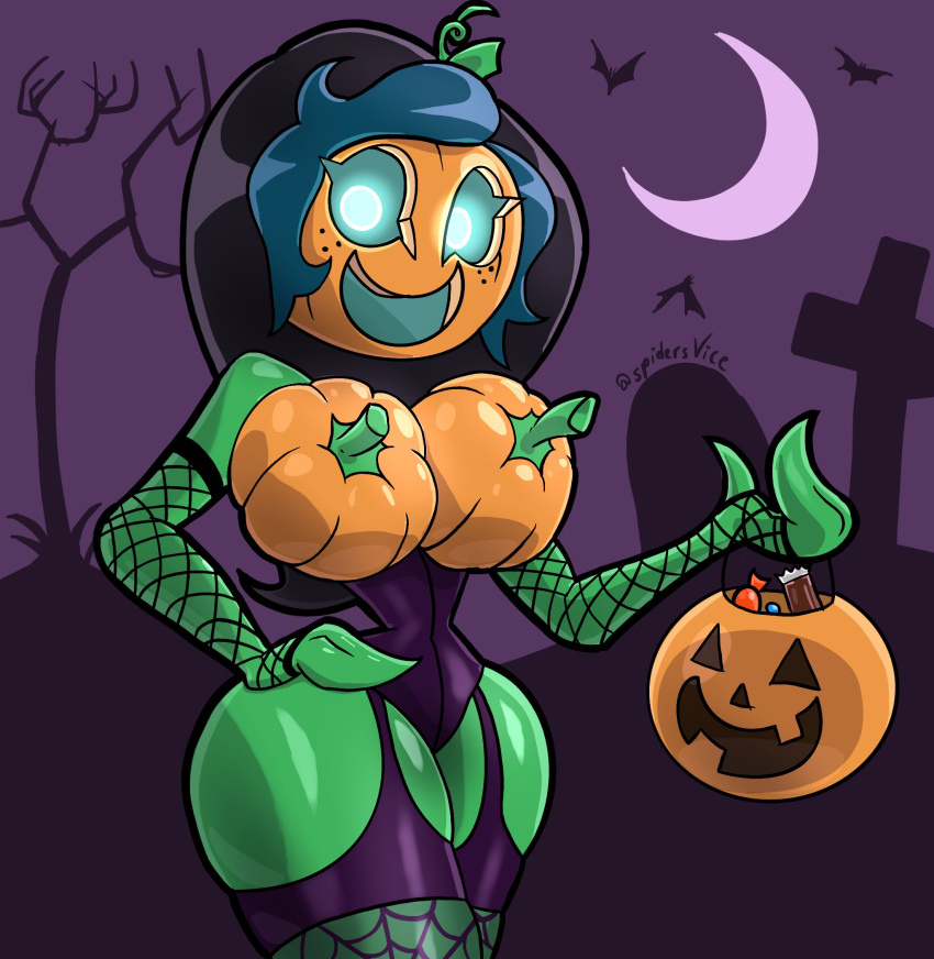 female garter_straps halloween huge_ass huge_breasts jack-o&#039;-lantern leotard plant_girl pumpkin pumpkin_boobs pumpkin_girl pumpkin_head spidersvice thick_thighs wide_hips