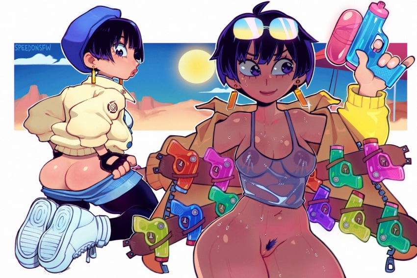 areolae ass bottomless breasts earrings female female_only jacket meryl_stryfe nipples pubic_hair pussy see-through see-through_clothing short_hair speedoru speedosausage sunglasses sunglasses_on_head tagme tomboy trigun trigun_stampede water_gun