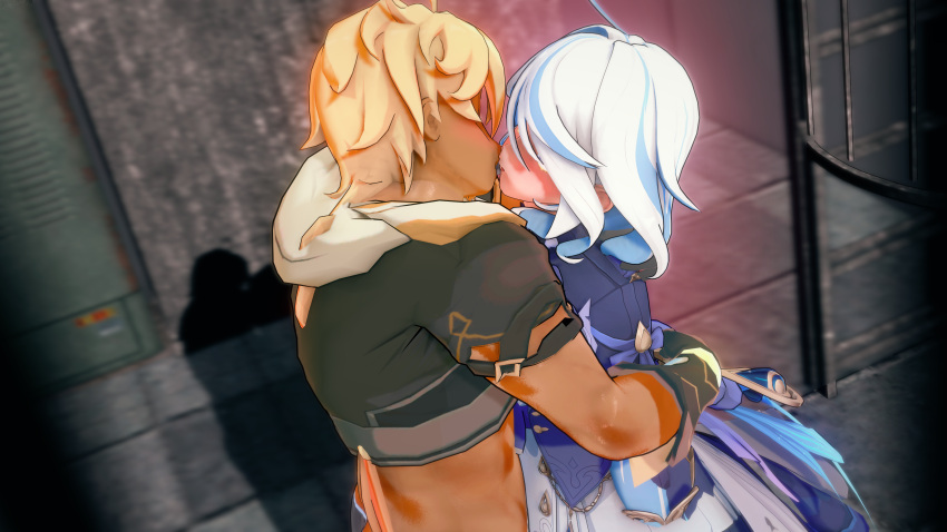 1boy 1girls 3d aether_(genshin_impact) after_sex blonde_hair furina_(genshin_impact) holding kissing koikatsu long_hair mihoyo muscular_male p prison sex straight taller_male