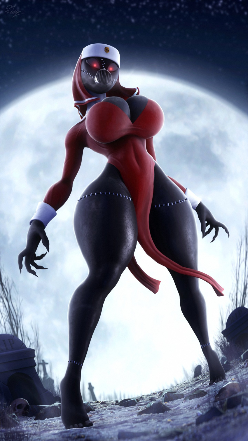 1girls 2023 3d 3d_(artwork) big_thighs busty claws cleavage female female_focus female_only graveyard halloween hi_res highres hips hourglass_figure lamoz571 large_thighs leotard loincloth looking_at_viewer meh-chan_(lamoz571) moon nun nun's_habit on_toes original original_character outdoors outside red_clothing red_eyes sharp_claws slim_waist solo solo_female solo_focus stitches thick_thighs thigh_gap thighs undead voluptuous wide_hips