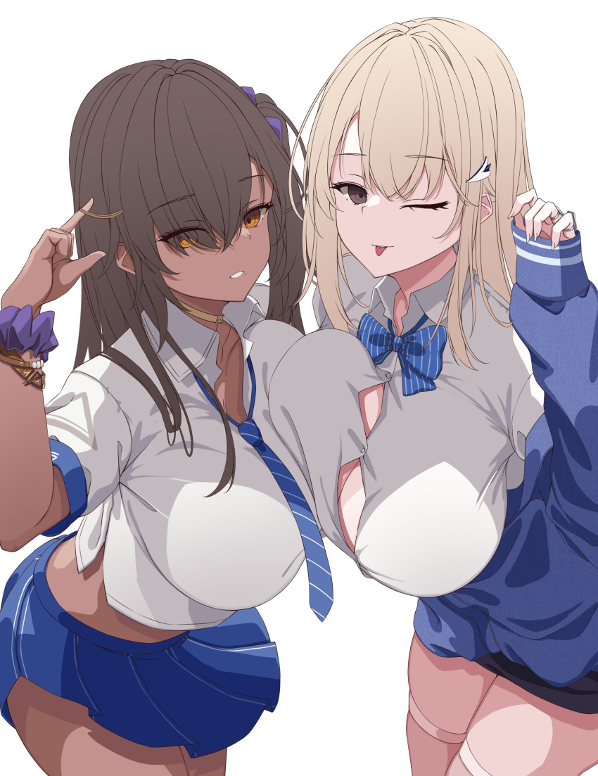 2girls :p bead_bracelet beads blonde_hair blue_bow blue_bowtie blue_jacket blue_necktie blue_skirt blunt_bangs bowtie bracelet breasts brown_eyes brown_hair cleavage collared_shirt cropped_shirt dark-skinned_female dark_skin goddess_of_victory:_nikke grin hair_ornament hair_over_one_eye jacket jewelry large_breasts long_hair looking_at_viewer loose_necktie multiple_girls multiple_rings naga_(nikke) necktie off-shoulder_jacket off_shoulder oimo_imoya one_eye_closed partially_unbuttoned pencil_skirt pleated_skirt puffy_sleeves ring scrunchie shirt short_sleeves side_ponytail simple_background skirt sleeves_past_wrists smile striped_necktie tia_(nikke) tongue tongue_out unfinished white_background white_shirt wrist_scrunchie