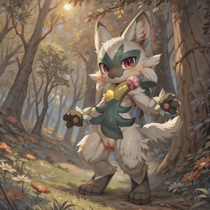 1girls ai_generated anthro anthro_only autumn blush cheek_tuft claws cute feline female female_only floragato flowers fluffy fluffy_tail forest forest_background generation_9_pokemon green_body green_fur inner_ear_fluff mengxi pawpads paws pokémon_(species) pokemon pokemon_(species) pokemon_sv pussy pussy_juice pussy_juice_drip red_eyes sweat tail