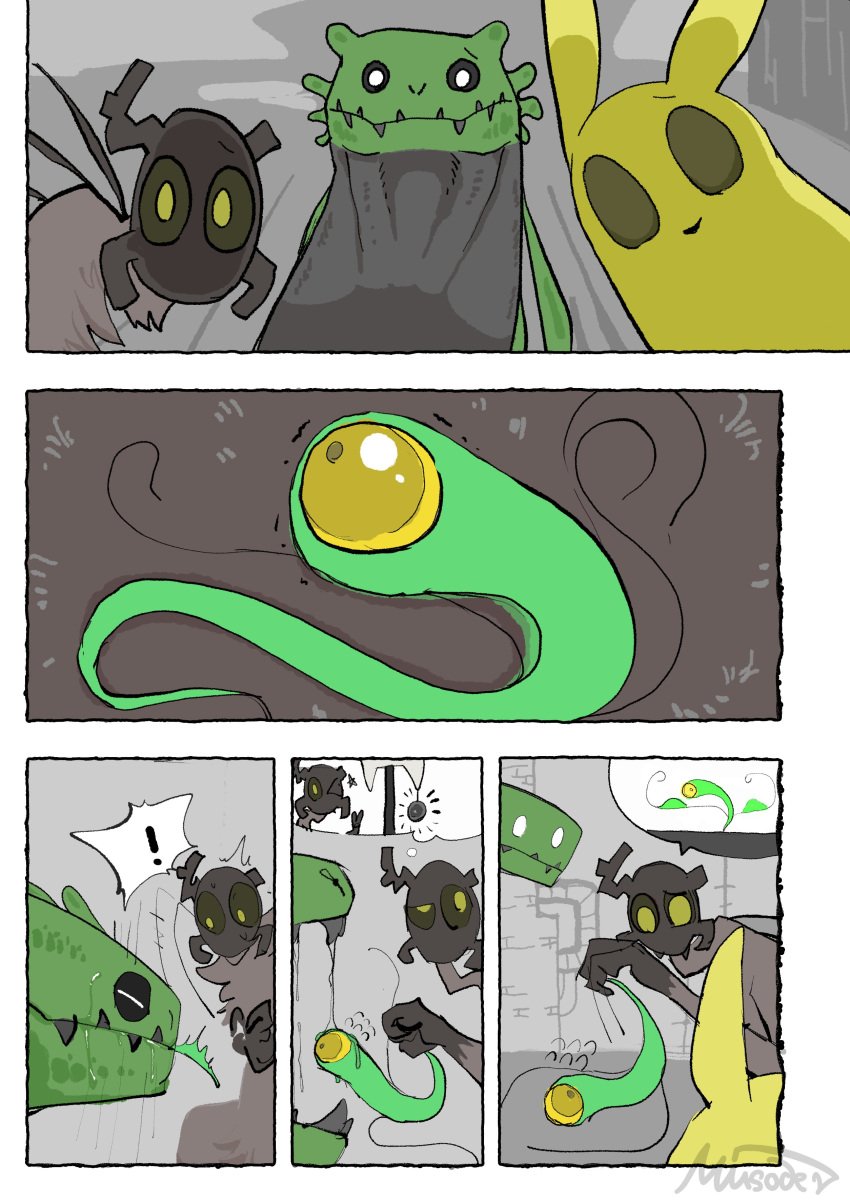 biped comic comic_page feral green_lizard_(rain_world) holding_mouth lizard lizard_(rain_world) misoden_(artist) monk_(rain_world) open_mouth oral_vore overseer_(rain_world) partially_inside rain_world reptile saliva saliva_dripping saliva_string scavenger_(rain_world) signature slugcat soft_vore surprised_expression vore yellow_body yellow_ears yellow_fur