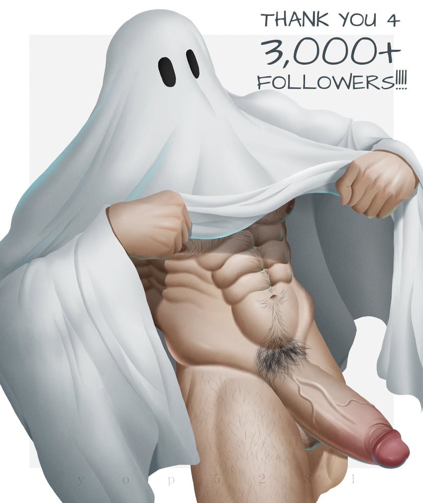 1boy 2023 balls bara bara_tits barazoku big_balls big_penis completely_nude costume erection gay ghost ghost_boy halloween halloween_costume hi_res highres holidays looking_at_viewer male male_focus male_nipples male_only male_pubic_hair manly muscular_male nipples nude penis solo solo_male yaoi yop5281