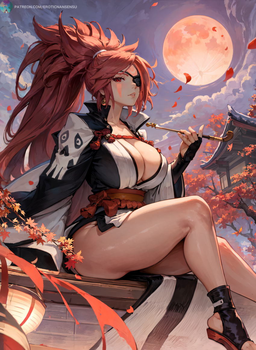 ai_assisted ai_generated baiken big_hair black_kimono breasts cleavage erotic_nansensu eyepatch female full_moon guilty_gear highres jacket japanese_clothes kimono kiseru large_breasts long_hair looking_at_viewer moon multicolored_clothes multicolored_kimono night obi open_clothes open_kimono pink_hair ponytail red_eyes sash scar scar_across_eye scar_on_face sitting sky smoking_pipe solo stable_diffusion tattoo thighs white_kimono