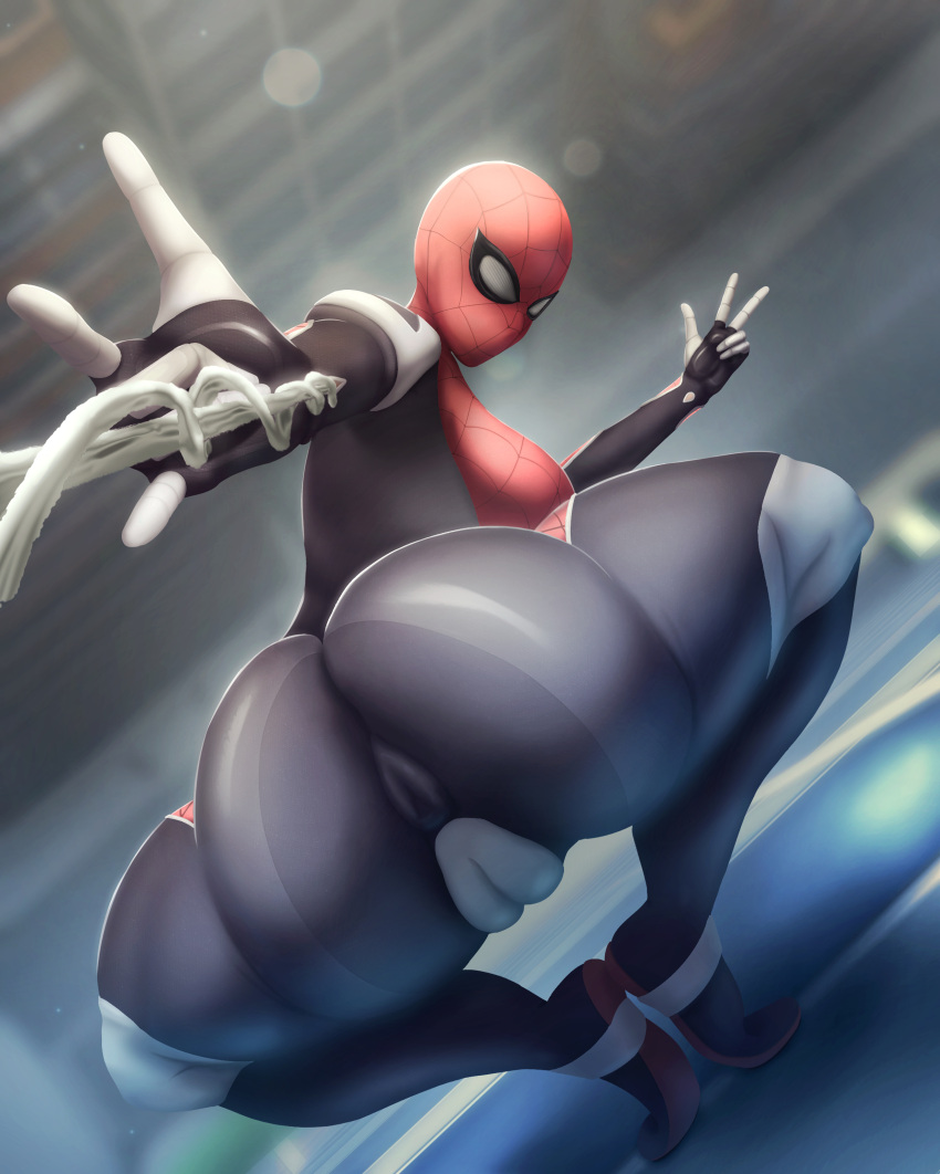 1girls anus anus_visible_through_clothes ass big_ass big_breasts blurry_background breast city_background female female_only huge_ass lazyisopod looking_at_viewer marvel pussy rim_light sitting sitting_on_wall spider-girl spider-man_(series) web