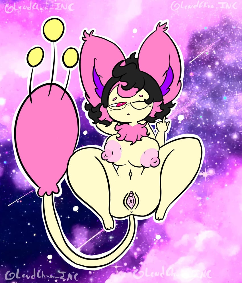 anthro black_hair breasts eyewear female fur generation_3_pokemon genitals gesture glasses hair hi_res lewdchuu_(artist) middle_finger navel nintendo nipples one_eye_closed pink_body pink_fur pink_nipples pokemon pokemon_(species) pussy pyon_(lewdchuu) red_eyes skitty solo tail white_body