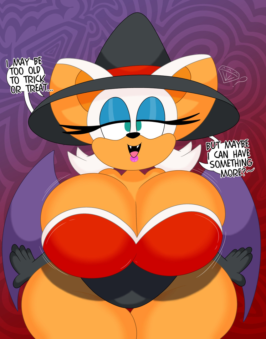 1girls 3barts alternate_ass_size alternate_breast_size anthro ass_bigger_than_head big_ass big_breasts big_butt breasts_bigger_than_head furry huge_ass huge_breasts rouge_the_bat sole_female sonic_(series) talking_to_viewer wings witch_costume witch_hat