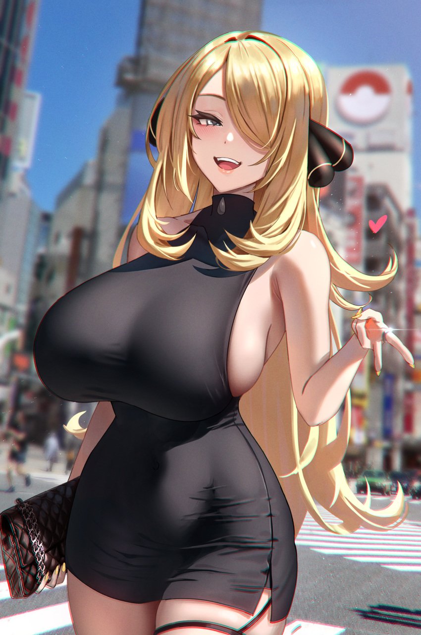 1girls alternate_breast_size anima_(togashi) blonde_hair breasts cynthia_(pokemon) dress female hair_over_one_eye hi_res huge_breasts light-skinned_female light_skin long_hair nintendo outdoors pokemon pokemon_dppt smile thick_thighs wide_hips