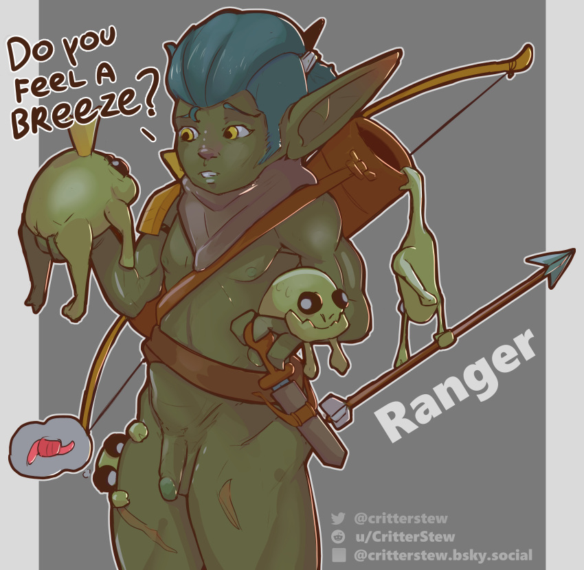 1boy absurd_res amphibian arrow_(weapon) beady_eyes big_ears black_eyes blue_hair bow_(weapon) critterstew crown dagger dialogue english_text frog genitals goblin goblin_male green_body green_skin grey_background grey_scarf hair headgear hi_res humanoid humanoid_pointy_ears male male_only melee_weapon nude oblivious original penis quiver_(arrows) ranged_weapon scar scarf simple_background solo text weapon yellow_eyes