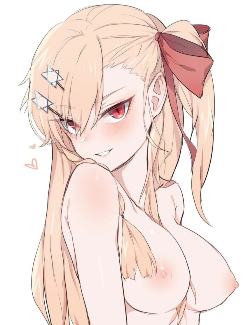 blonde_female blonde_hair blonde_hair_female blush blush_lines blushing_at_viewer breasts breasts_out girls'_frontline girls_frontline jingo looking_at_viewer negev_(girls'_frontline) negev_(girls_frontline) nude nude_female red_eyes simple_background smiling smiling_at_viewer topless topless_female white_background