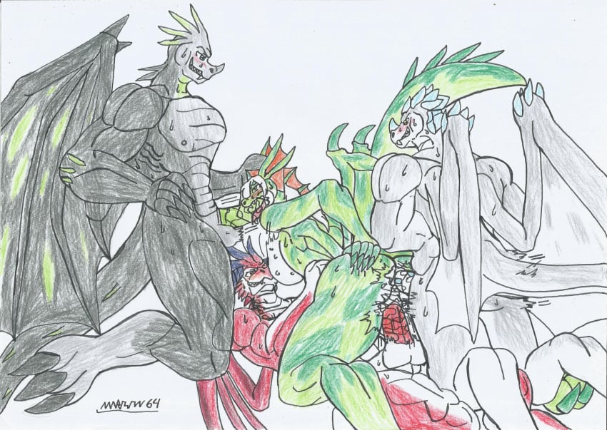 1girls 3boys anal_sex anthro ass_juice big_ass big_breasts blowjob bouncing_balls bouncing_breasts dragon_girl dragon_humanoid dragon_man female furry gangbang grabbing_own_ass gray_scales green_scales long_penis male marlon64 penetration pussy_juice red_scales saliva_on_penis silver_skin sweat the_legend_of_vox_machina traditional_drawing_(artwork) triple_penetration vaginal_sex white_background white_hair winged_humanoid