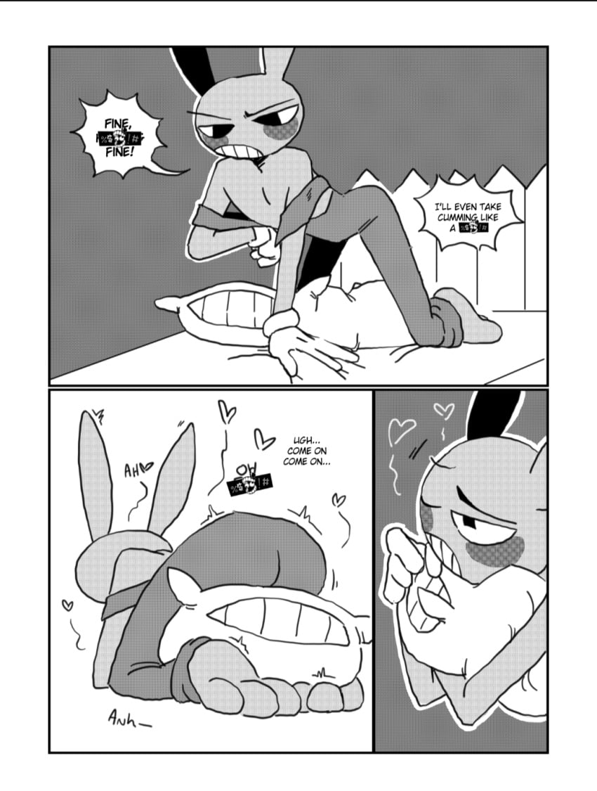 anthro ass black_and_white bunny bunny_ears censored_swearing comic dialogue dialogue_box fully_clothed gloves hearts hugging_pillow humping humping_pillow jax_(the_amazing_digital_circus) lagomorph male male_focus male_only masturbation masturbation_through_clothing mayonakuma moaning pillow rabbit solo_male sound_effects tagme the_amazing_digital_circus