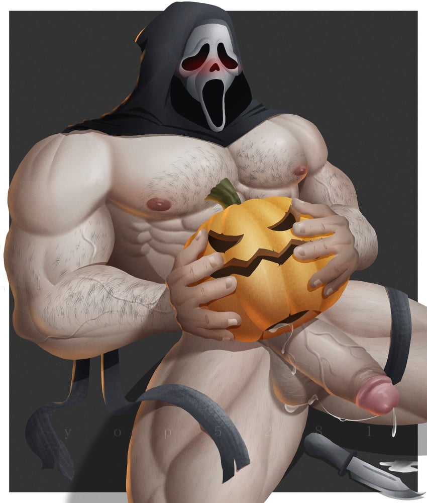 1boy 2023 balls bara bara_tits barazoku big_balls big_penis blush completely_nude cum cum_drip cum_dripping_from_penis erection gay genital_fluids ghostface ghostface_(scream) hairy_arms hairy_chest halloween hard_on hi_res highres holidays jack-o'-lantern jack_o'_lantern male male_focus male_nipples male_only manly masked masked_male muscular_male nipples nude penis pumpkin scream scream_(franchise) solo solo_male yaoi yop5281