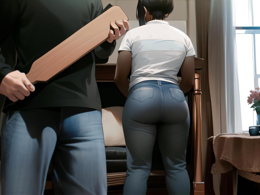 1boy 1girls ai_generated back big_ass bubble_ass buttwhuppinart clothed dark-skinned_female dark_skin discipline female human imminent_spanking indoors interracial jeans large_ass light-skinned_male light_skin male paddle punishment tight_clothing