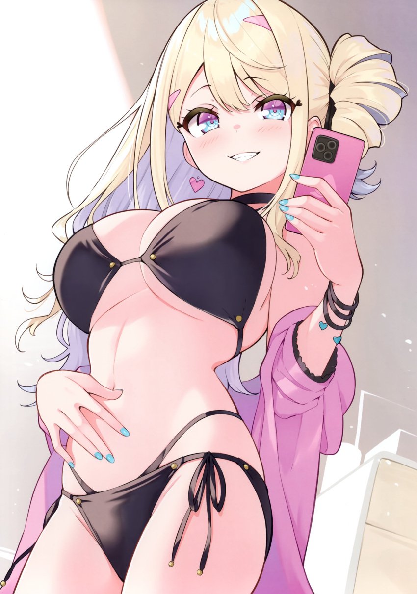 1girls absurdres bikini black_bikini blonde_hair blue_eyes blue_nails bracelet breasts cellphone cleavage earrings eyelashes fingernails hair_bun hair_ornament hairclip hanamomo_yae hand_up heart-shaped_eyelashes highres hisen_kaede holding jacket jewelry lips long_hair looking_at_viewer medium_breasts nail_polish navel off_shoulder open_clothes original parted_lips phone scan simple_background smartphone smile solo stomach swimsuit teeth underboob