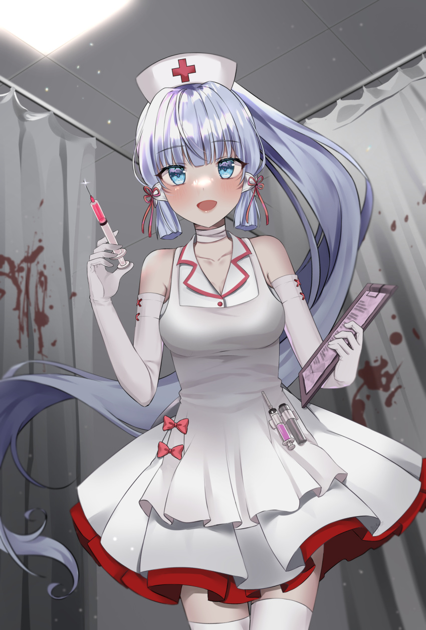 1girls bandages blood_stain blue_eyes blue_hair breasts clipboard curtains dress elbow_gloves genshin_impact gloves holding_clipboard holding_syringe kamisato_ayaka large_breasts looking_at_viewer needle nurse nurse_cap nurse_uniform ponytail syringe thighhighs white_dress yshnc22