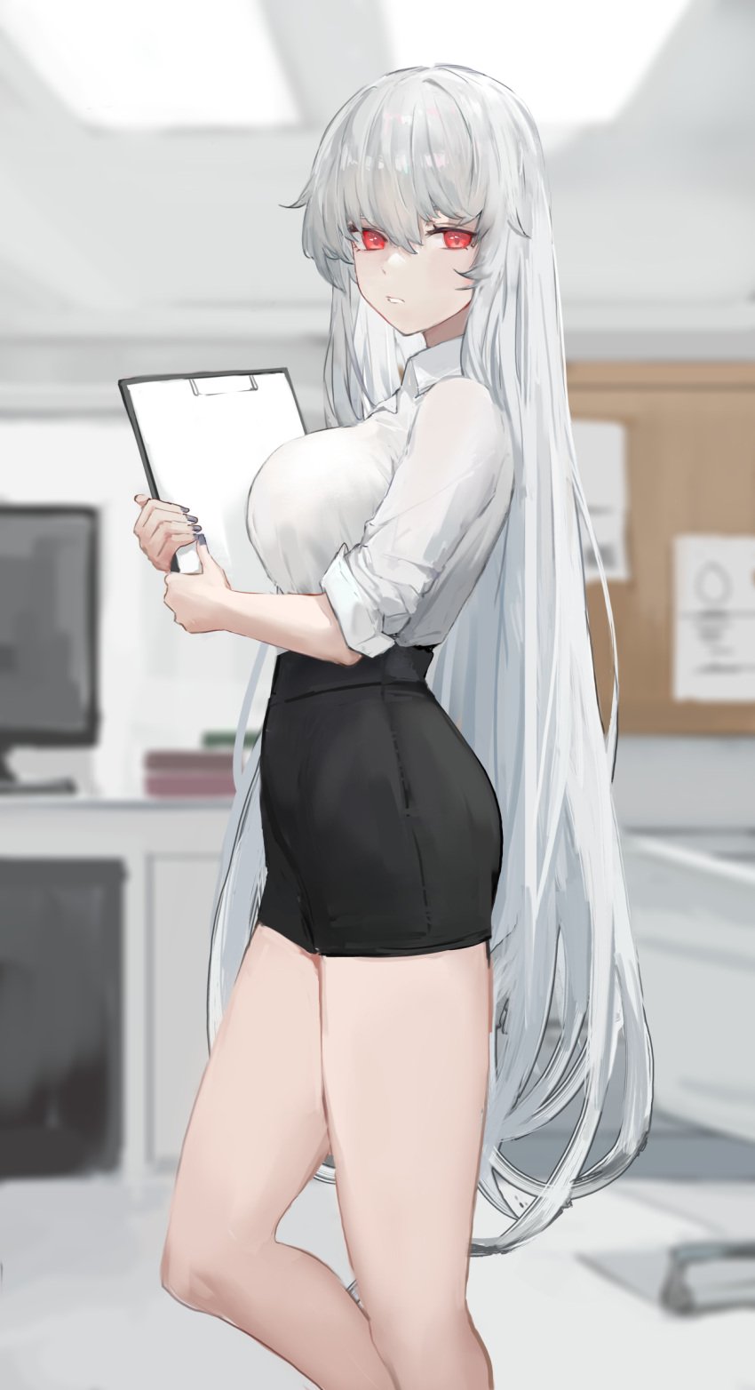 1girls arknights black_skirt blouse breasts clipboard computer computer_monitor cork_board gnai holding_clipboard large_breasts long_hair looking_at_viewer office office_lady painted_fingernails pencil_skirt red_eyes skirt specter_(arknights) white_blouse white_hair