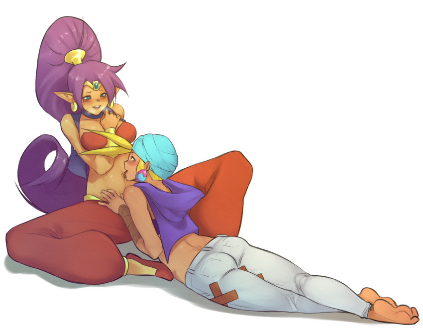 2girls blonde_hair blue_eyes breasts choker earrings female female_only harem_outfit harem_pants headwrap hoop_earrings jeans large_breasts laying_down licking licking_navel midriff multiple_girls navel navel_licking o-ring o-ring_top pants ponytail purple_hair red_pants shantae shantae_(character) sitting sky_(shantae) splayter vest yuri