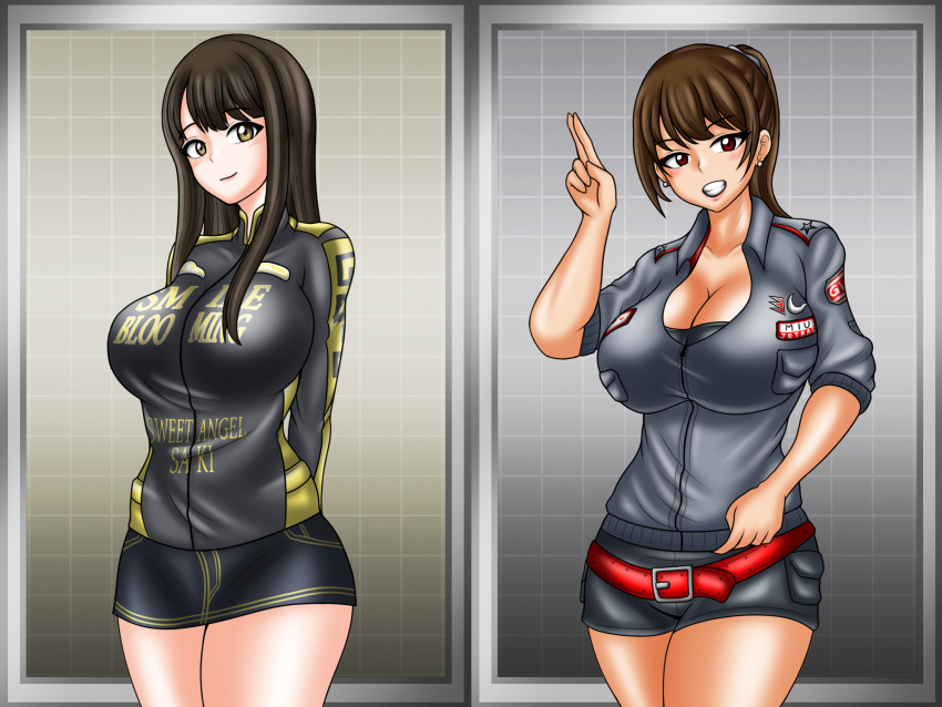 2girls big_breasts biker_jacket black_hair brown_eyes brown_hair cleavage engine_sentai_go-onger long_hair ponytail rouyama_saki shorts skirt super_sentai sutou_miu treezero