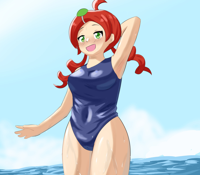 1girls andou_ringo background bakudon day female female_only green_eyes hair_ornament ocean pussy_visible_through_swimsuit puyo_puyo puyo_puyo_7 puyo_puyo_fever red_hair sea smile swimsuit thick_thighs tight_swimsuit twintails wet wet_body wet_swimsuit wet_thighs