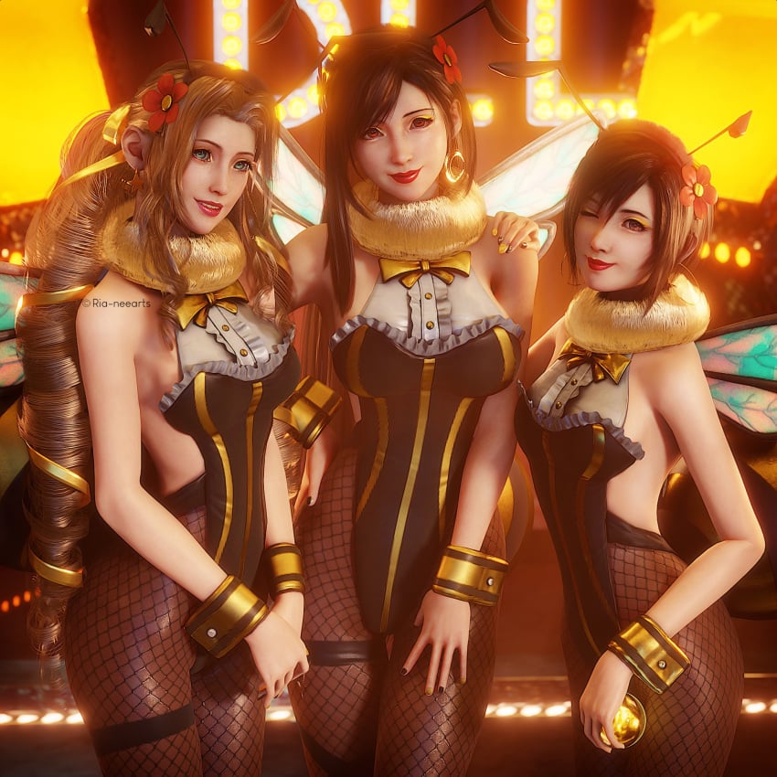 3d 3d_(artwork) 3girls aerith_gainsborough antennae bee bee_costume bee_girl black_hair bowtie bracelets brown_hair burlesque cabaret clothed clothing crescent_earrings crescent_moon cuffs_(clothing) earrings female female_only final_fantasy final_fantasy_vii final_fantasy_vii_remake fishnets flower flower_in_hair fully_clothed green_eyes happy_female honeybee_inn_uniform hoop_earrings lipstick long_hair looking_at_viewer materia multiple_girls neon neon_lights night_club painted_fingernails red_eyes ria-neearts short_hair square_enix star_earrings stinger tifa_lockhart two_tone_clothing two_tone_clothing_(blackandyellow) wings wink winking_at_viewer yuffie_kisaragi