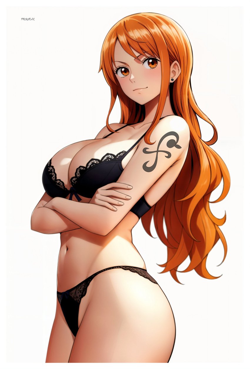 ai_generated bra breasts female female_only lingerie nami one_piece orange_eyes orange_hair panties post-timeskip prixmal solo underwear white_skinsuit