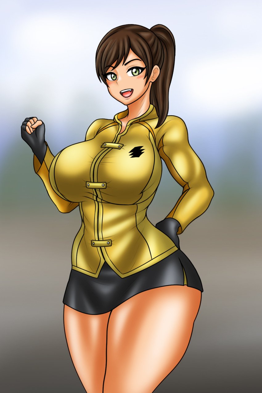 1girls big_breasts fingerless_gloves geki_yellow gloves juuken_sentai_gekiranger mina_fukui olive_eyes shirt shorts solo super_sentai treezero uzaki_ran yellow_eyes