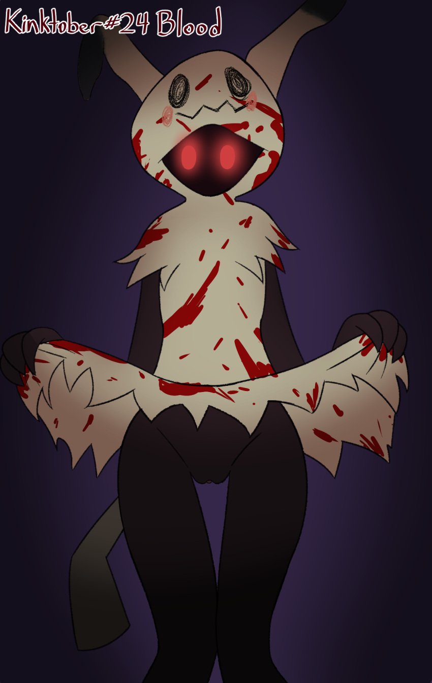 anthro blood blood_splatter bodily_fluids clothed clothing clothing_lift cybeeyoru dress dress_lift female flashing flashing_pussy generation_7_pokemon genitals ghost glowing glowing_eyes hi_res kinktober kinktober_2023 mimikyu nintendo page_24 pokemon pokemon_(species) presenting presenting_pussy pussy skirt_lift slim solo spirit