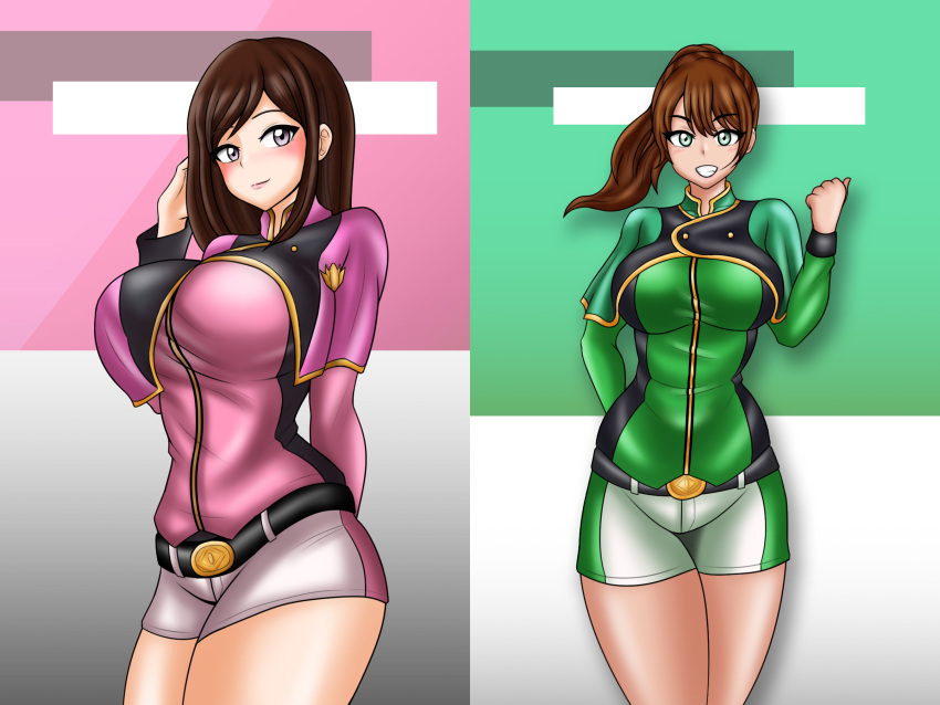 2girls belt big_breasts breasts brown_hair green_eyes hayami_sena jacket mashin_sentai_kiramager ooharu_sayo ponytail purple_eyes sayo_ooharu sena_hayami shorts super_sentai treezero