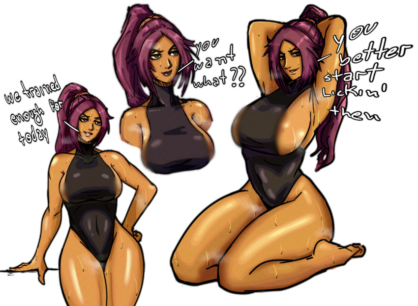 1girls armpits bare_legs bare_thighs big_breasts bleach curvy dark-skinned_female dark_skin english_text female female_only hourglass_figure leotard no_sex perfect_legs purple_hair shihouin_yoruichi shiny_skin sideboob solidusgrilo solo steam steaming_body sweat sweatdrop sweating swimsuit swimwear thick_thighs thighs thighs_together white_background wide_hips