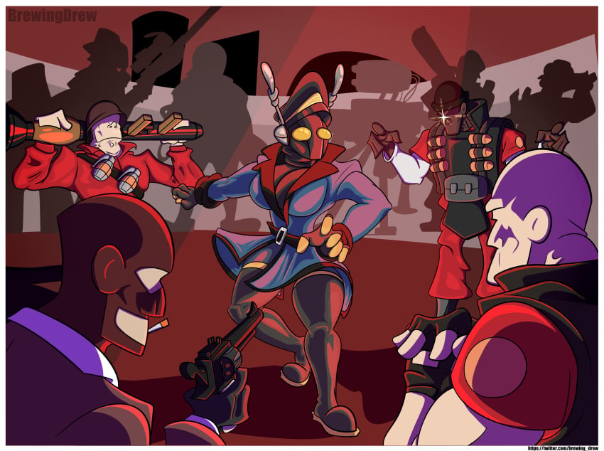 2023 2d big_breasts brewingdrew clothed demoman fempyro goes_hard heavy_weapons_guy pyro_(team_fortress_2) shocked soldier_(team_fortress_2) spy_(team_fortress_2) standing surrounded team_fortress_2 tf2