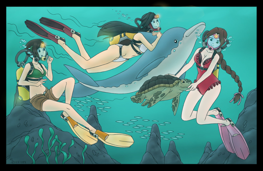 3girls aerith_gainsborough bikini black_hair braid braided_ponytail brown_hair cleavage dolphin female female_only final_fantasy final_fantasy_vii final_fantasy_vii_remake flippers green_bikini_top kg2 long_hair ocean one-piece_swimsuit oxygen_tank red_swimsuit scuba scuba_diver scuba_gear sea sea_turtle short_hair short_shorts shorts square_enix swimming swimsuit tifa_lockhart underwater water white_bikini yuffie_kisaragi