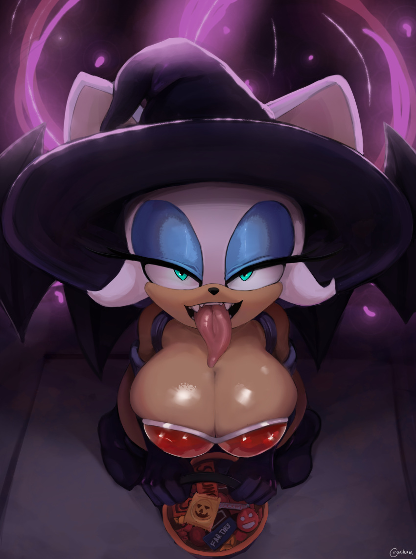 absurd_res big_breasts big_cleavage bottomless candy cleavage condom condom_wrapper cranihum halloween holidays huge_breasts large_breasts long_tongue open_mouth rouge_the_bat rouge_the_bat_(halloween) sega shortstack sonic_(series) sonic_the_hedgehog_(series) trick_or_treat wide_hips witch witch_costume witch_hat