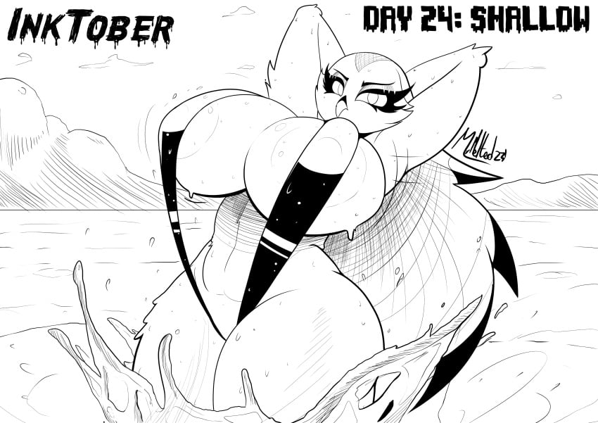 1girls anthro arms_up avian big_breasts bikini breasts busty cloud female female_only hands_behind_head helluva_boss huge_breasts inktober large_breasts looking_at_viewer milf mother mrmelted nipple_bulge ocean owl owl_demon sling_bikini solo stella_(helluva_boss) swimsuit thick_thighs water wide_hips