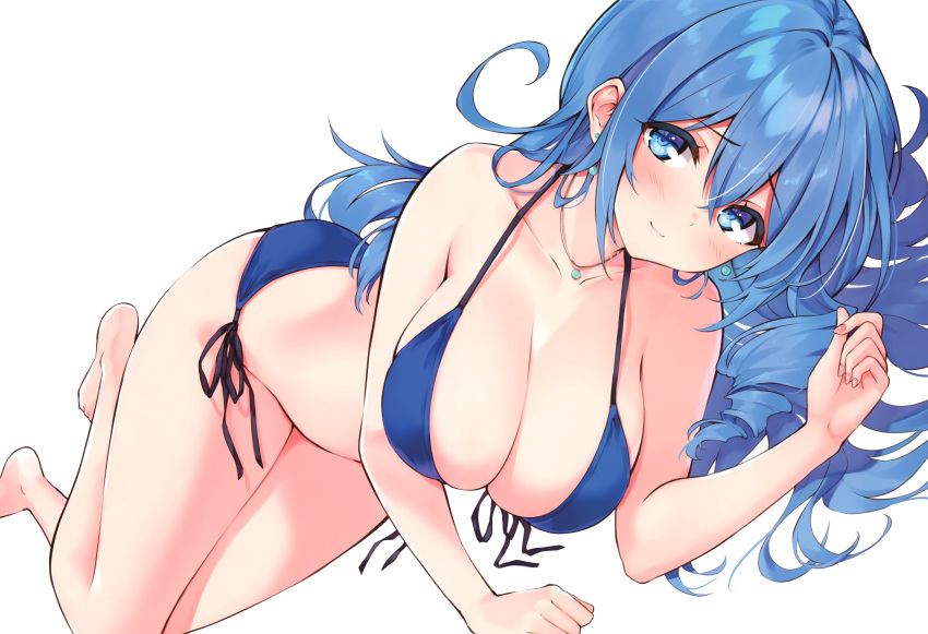 1girls absurdres barefoot bikini blue_bikini blue_eyes blue_hair breasts cleavage closed_mouth cu-no dutch_angle earrings front-tie_bikini_top front-tie_top hair_between_eyes halterneck highres hisen_kaede jewelry kohitsuji_ai large_breasts long_hair lying necklace non-web_source on_side scan side-tie_bikini_bottom simple_background smile solo string_bikini swimsuit white_background