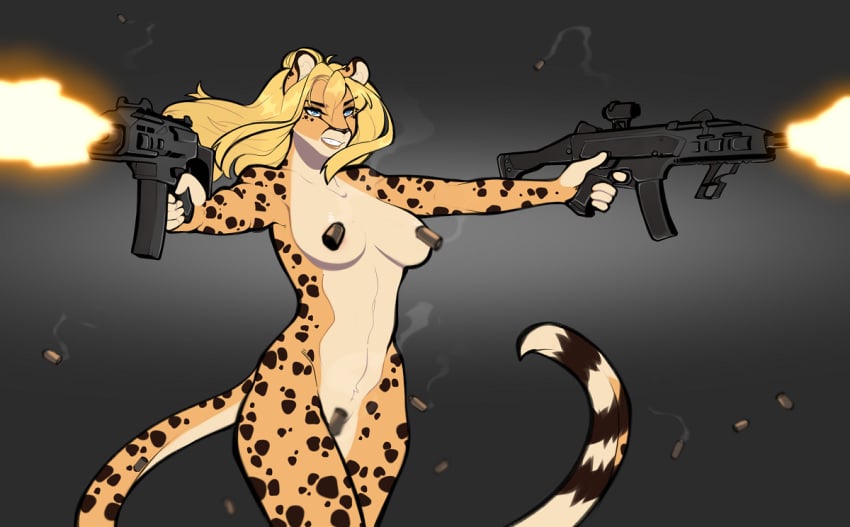 2023 5_fingers anthro areola areola_slip black_background black_spots blonde_hair blue_eyes breasts cheetah convenient_censorship exposure_variation felid feline female fingers firing_weapon fur gun hair holding_gun holding_object holding_weapon lena_fluffy_(character) mammal medium_breasts muzzle_flash ni70 nude ranged_weapon simple_background solo spent_casing spots spotted_body spotted_fur standing weapon yellow_body yellow_fur