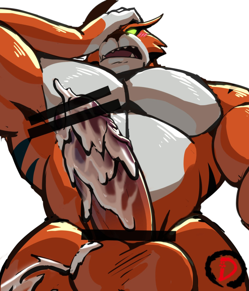 alien appoplexian balls bara barazoku ben_10 big_balls big_penis blush boner censored_penis cum cum_on_penis dingding_(artist) erection hand_on_face male male_only muscles muscular nude orange_fur penis rath solo solo_male