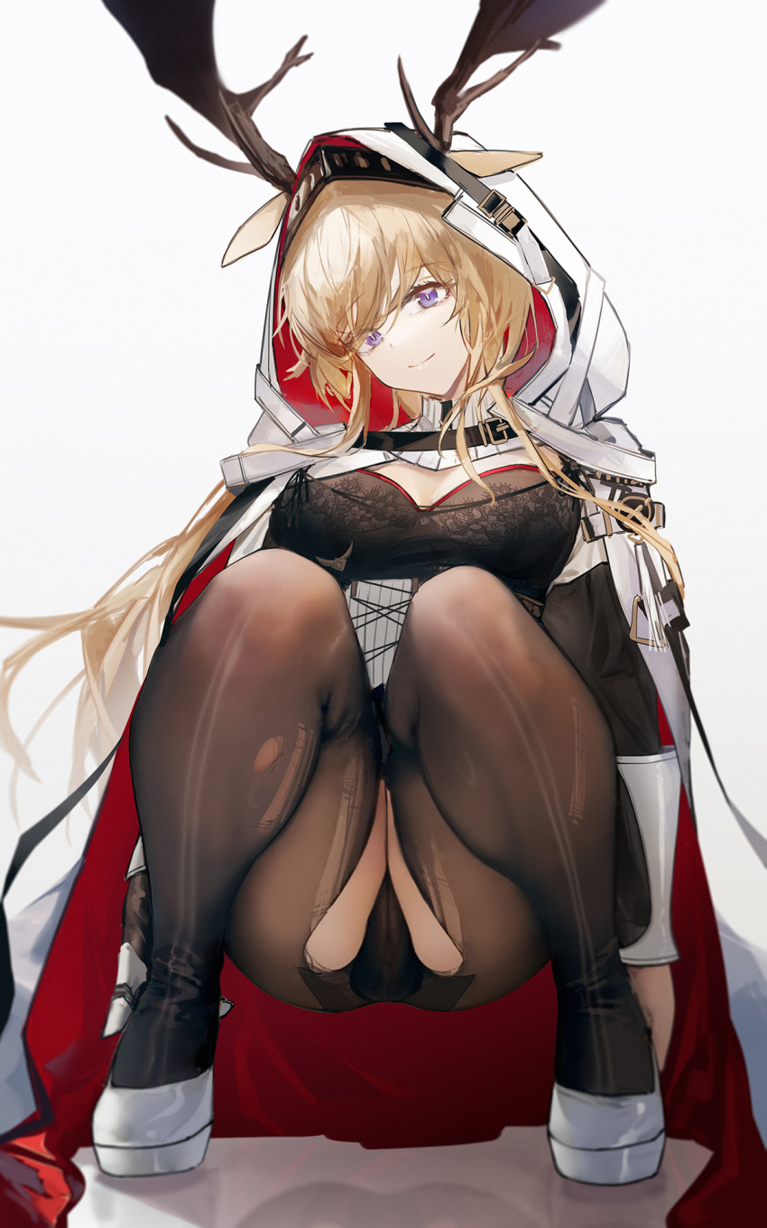 1girls 2023 2d 2d_(artwork) animal_ears antlers arknights arms ass blonde_hair boobs breasts butt clothed clothing coat covered_breasts covered_nipples deer_ears deer_girl facing_viewer female front_view hair hi_res hips hood image kemonomimi legs legs_apart light-skinned_female light_skin long_hair looking_at_viewer mix7373 open_eyes panties purple_eyes pussy_visible_through_clothes smile solo squatting thick_thighs thighs tits vagina_visible_through_clothing viviana_(arknights) waist